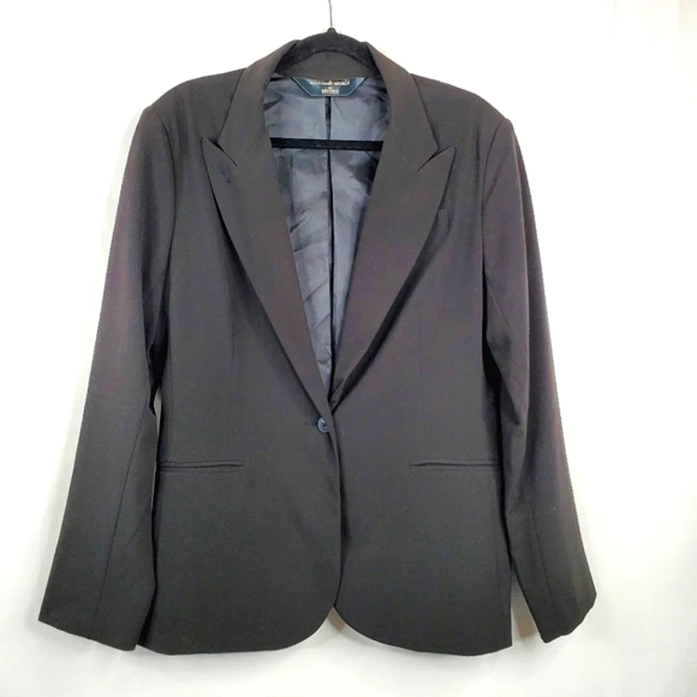Norma Kamali Lined Black Blazer Size 16 One Button Jacket Office Preppy Career